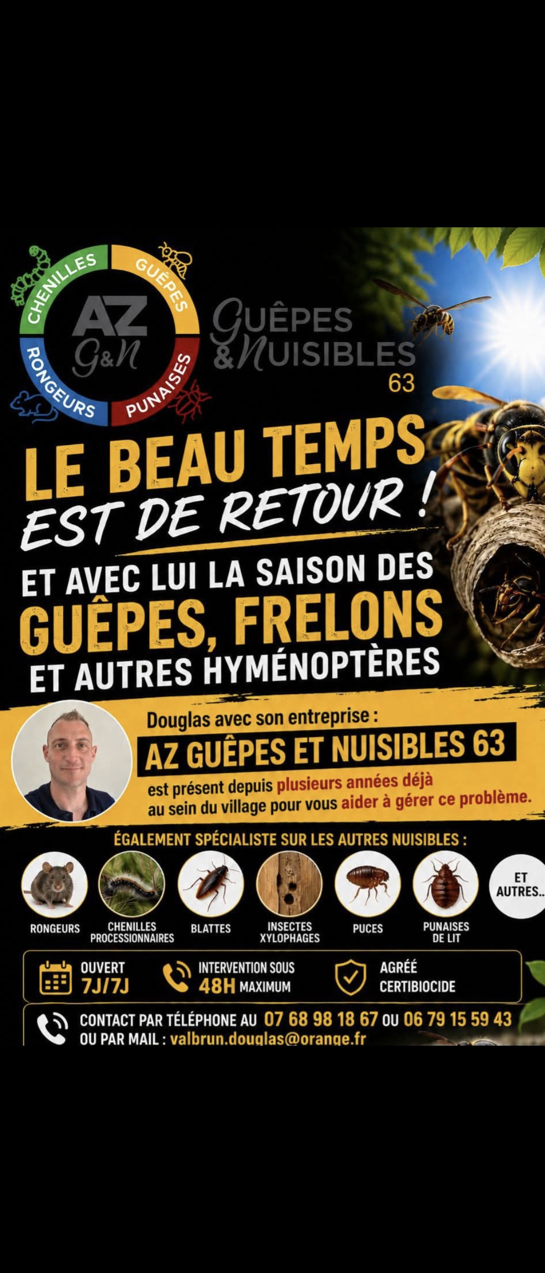AZ GUEPES ET NUISIBLES 63 /Guêpes,Frelons /Dératisation / Chenilles processionnaires / Blattes / Punaises de lit